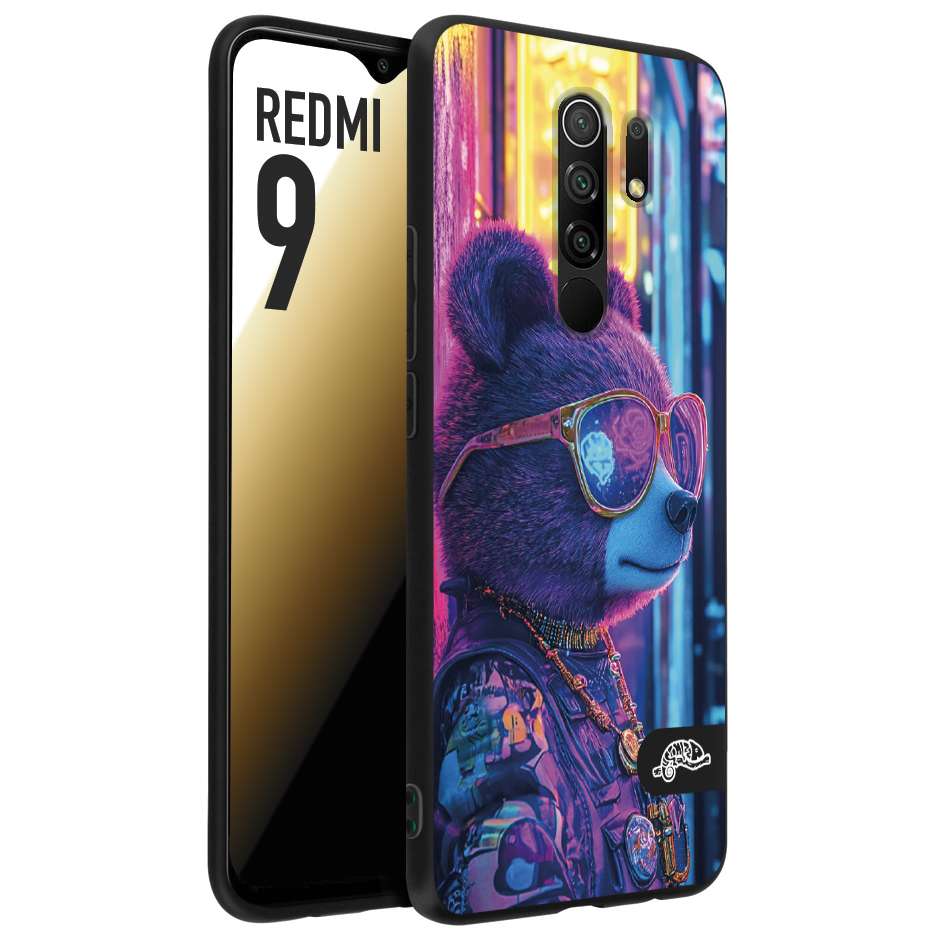 CUSTOMIZZA - Custodia cover nera morbida in tpu compatibile per Xiaomi Redmi 9 animali cyberpunk orsetto orso street bear fucsia blu night