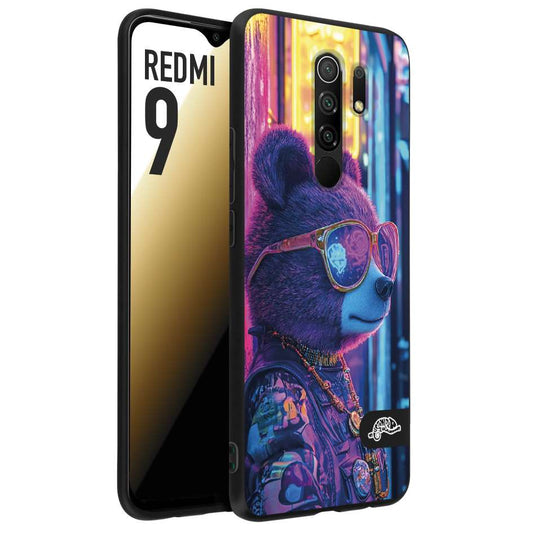 CUSTOMIZZA - Custodia cover nera morbida in tpu compatibile per Xiaomi Redmi 9 animali cyberpunk orsetto orso street bear fucsia blu night