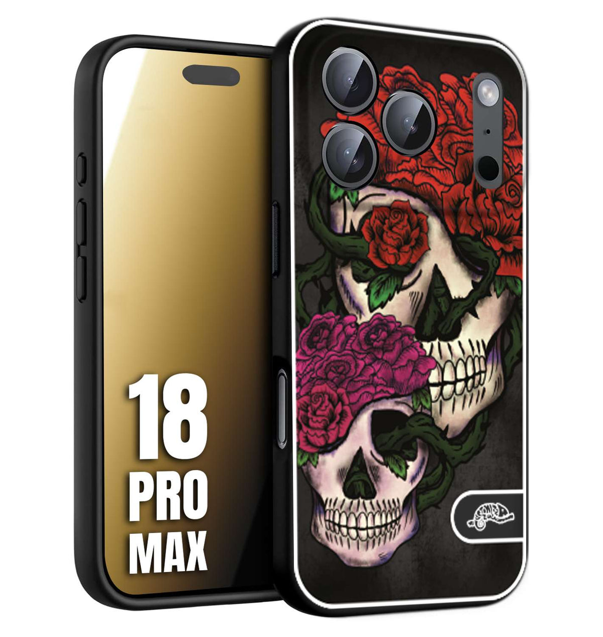 CUSTOMIZZA - Custodia cover nera morbida in tpu compatibile per iPhone 18 PRO MAX teschi e rose rosse fucsia skull and roses