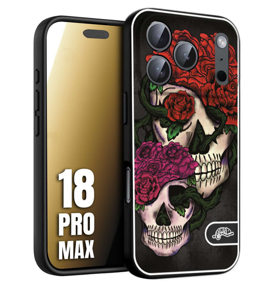 CUSTOMIZZA - Custodia cover nera morbida in tpu compatibile per iPhone 18 PRO MAX teschi e rose rosse fucsia skull and roses