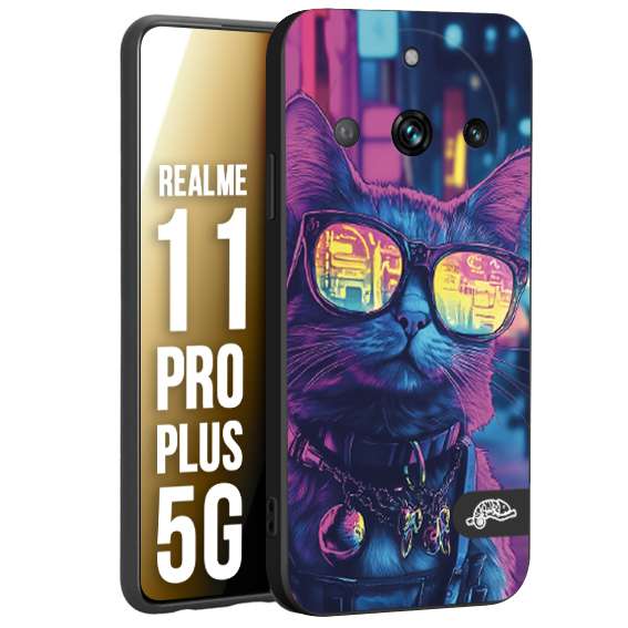 CUSTOMIZZA - Custodia cover nera morbida in tpu compatibile per Realme 11 PRO PLUS 5G animali cyberpunk gatto street cat fucsia blu giallo