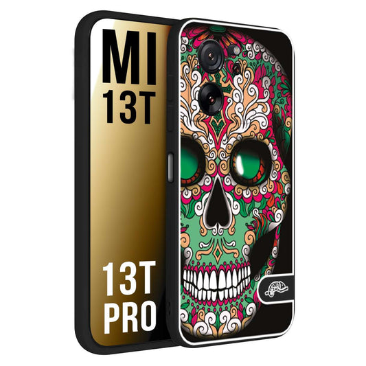 CUSTOMIZZA - Custodia cover nera morbida in tpu compatibile per Xiaomi 13T - 13T PRO teschio messicano Mexican skull verde fucsia