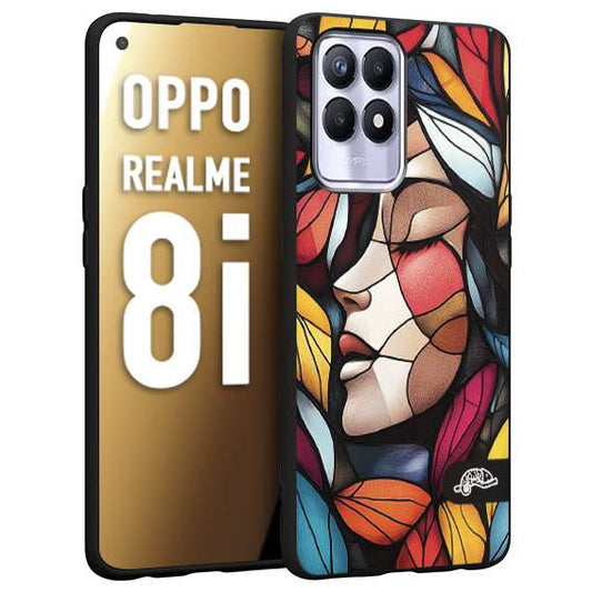 CUSTOMIZZA - Custodia cover nera morbida in tpu compatibile per Realme 8i Vetrata artistica volto di donna profilo fogliare mosaico di vetro colorato