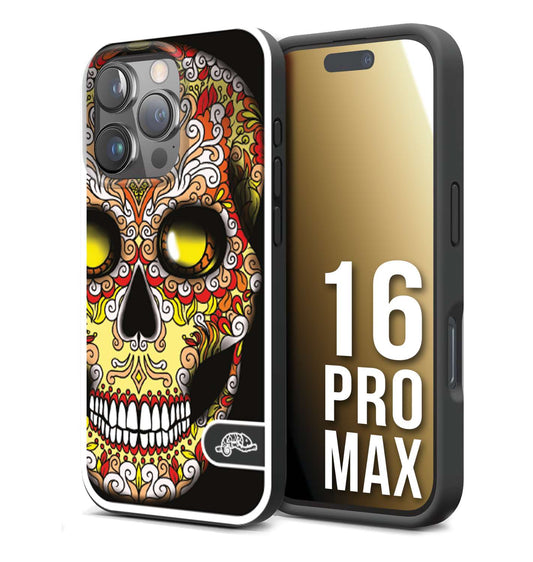 CUSTOMIZZA - Custodia cover nera morbida in tpu compatibile per iPhone 16 PRO MAX teschio messicano Mexican skull giallo rosso arancio