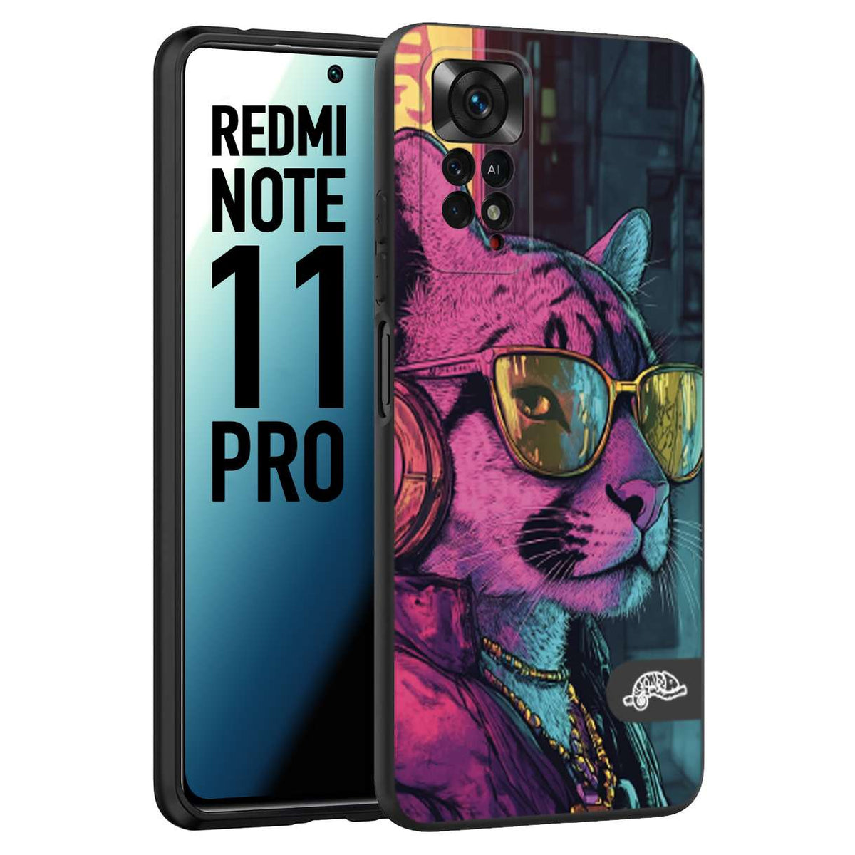 CUSTOMIZZA - Custodia cover nera morbida in tpu compatibile per Xiaomi Redmi Note 11 PRO animali cyberpunk pantera street cat fucsia blu giallo