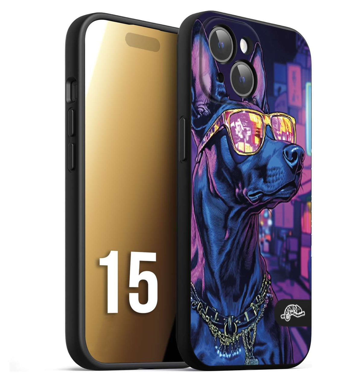 CUSTOMIZZA - Custodia cover nera morbida in tpu compatibile per iPhone 15 animali cyberpunk dobermann cane street dog fucsia blu night