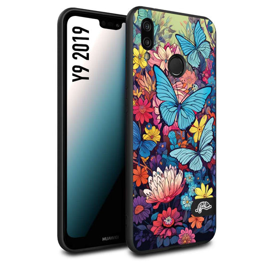 CUSTOMIZZA - Custodia cover nera morbida in tpu compatibile per Huawei Y9 2019 farfalle butterfly moderno donna disegnate gialla blu rosa