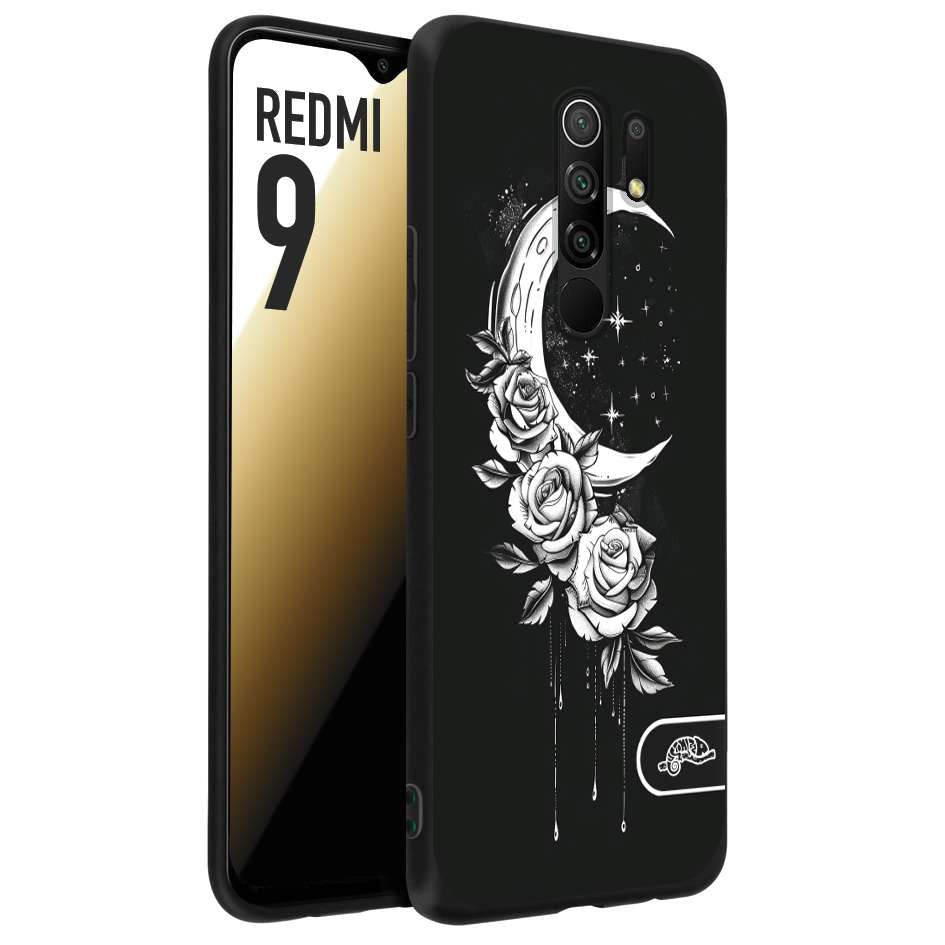 CUSTOMIZZA - Custodia cover nera morbida in tpu compatibile per Xiaomi Redmi 9 luna e fiori moon flowers black and white bianco a rilievo disegnato tattoo tatuaggio