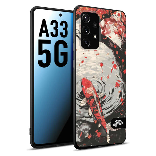 CUSTOMIZZA - Custodia cover nera morbida in tpu compatibile per Samsung A33 5G giapponese lago carpa koi rossa con foglie d'acero rosso disegnata tattoo