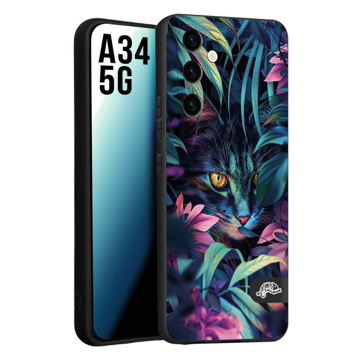 CUSTOMIZZA - Custodia cover nera morbida in tpu compatibile per Samsung A34 5G animali color giungla tropicale occhio di gatto colori vibranti disegnato