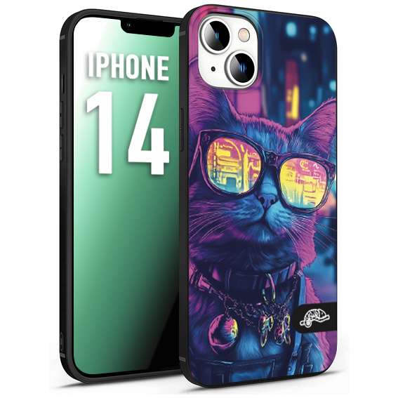 CUSTOMIZZA - Custodia cover nera morbida in tpu compatibile per iPhone 14 animali cyberpunk gatto street cat fucsia blu giallo