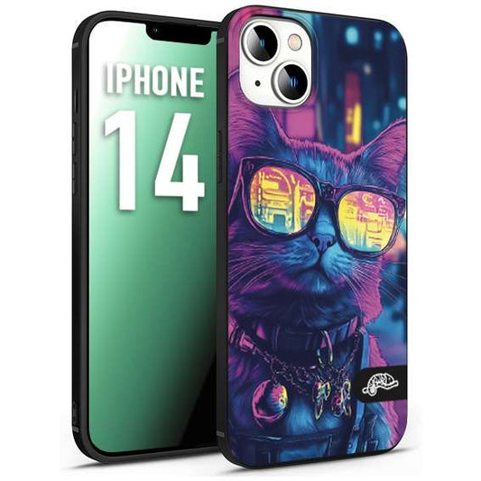 CUSTOMIZZA - Custodia cover nera morbida in tpu compatibile per iPhone 14 animali cyberpunk gatto street cat fucsia blu giallo