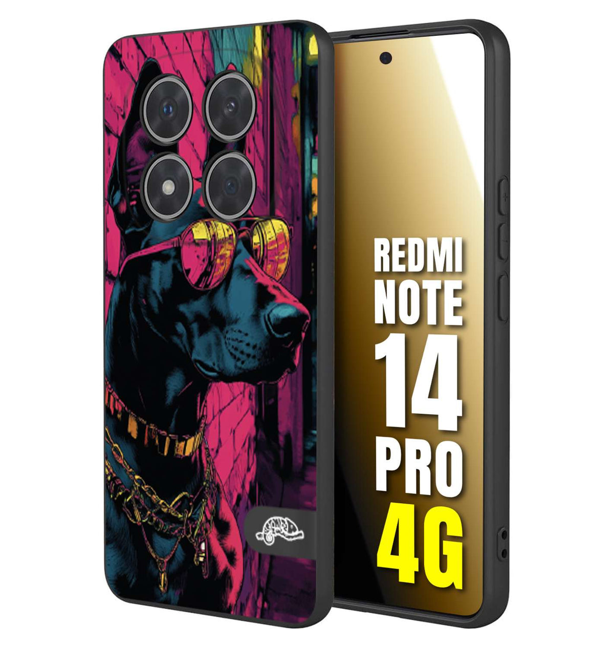 CUSTOMIZZA - Custodia cover nera morbida in tpu compatibile per Xiaomi Redmi Note 14 PRO 4G animali cyberpunk dobermann cane street dog fucsia blu