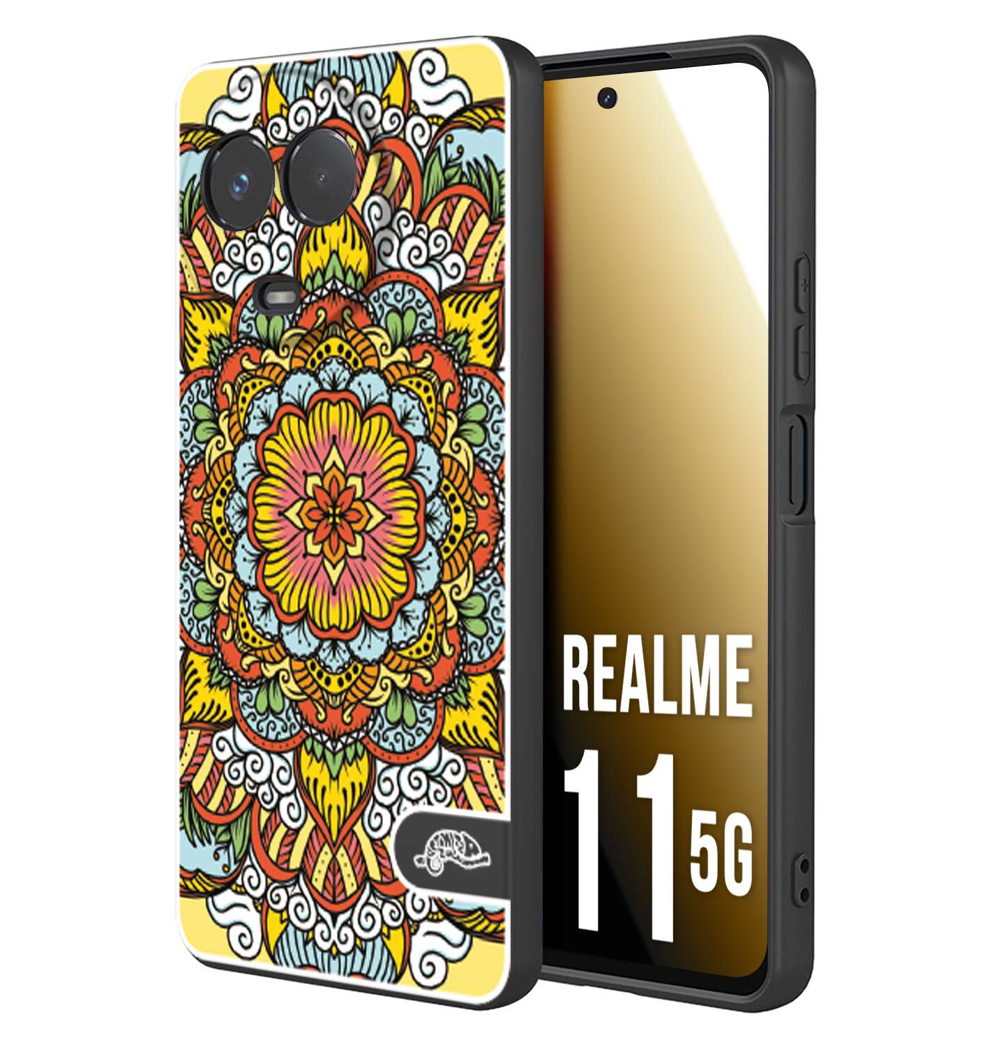 CUSTOMIZZA - Custodia cover nera morbida in tpu compatibile per Oppo Realme 11 5G mandala colorato fiore nuvole arancione