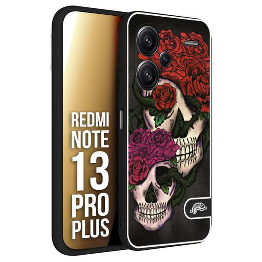 CUSTOMIZZA - Custodia cover nera morbida in tpu compatibile per Xiaomi Redmi Note 13 PRO PLUS teschi e rose rosse fucsia skull and roses