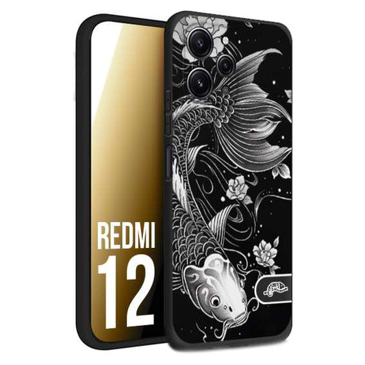 CUSTOMIZZA - Custodia cover nera morbida in tpu compatibile per Xiaomi Redmi 12 carpa koi black and white bianco a rilievo disegnato tattoo tatuaggio