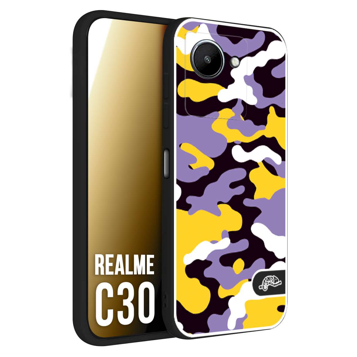 CUSTOMIZZA - Custodia cover nera morbida in tpu compatibile per Oppo Realme C30 camouflage mimetico militare viola lilla giallo