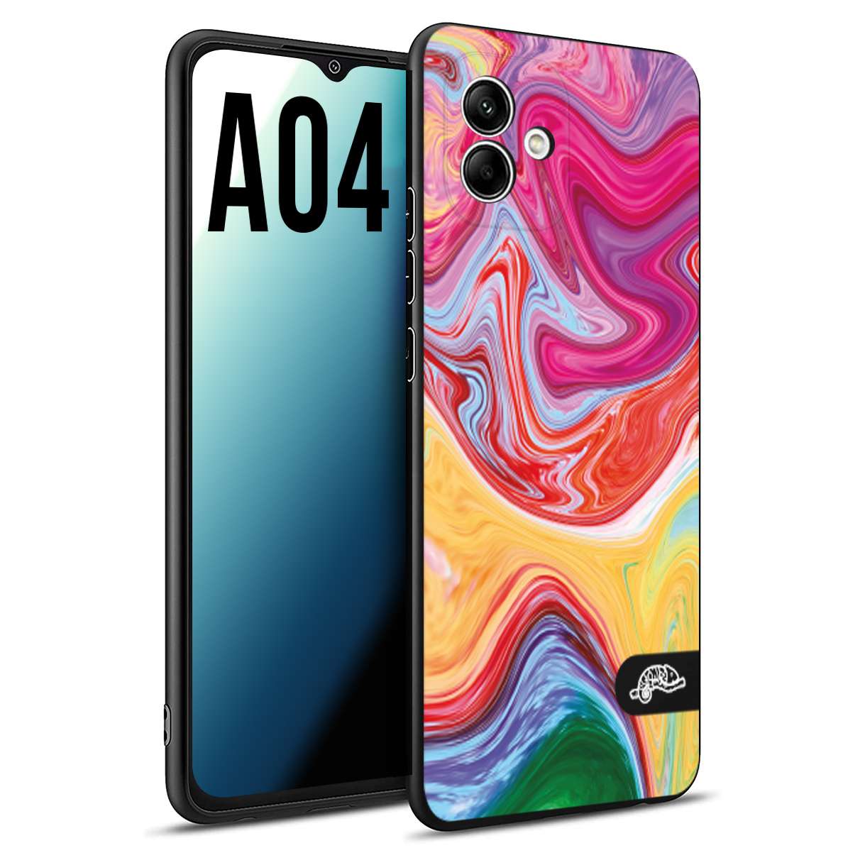 CUSTOMIZZA - Custodia cover nera morbida in tpu compatibile per Samsung A04 colorata fantasia vortice marmo onde verde fucsia gialla