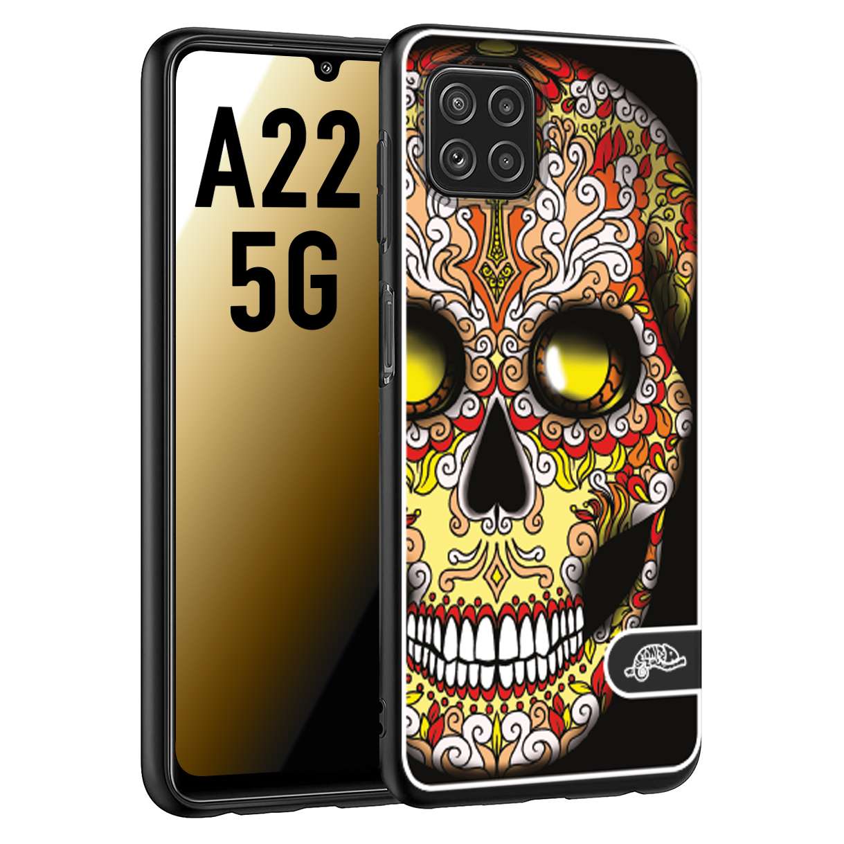 CUSTOMIZZA - Custodia cover nera morbida in tpu compatibile per Samsung A22 5G teschio messicano Mexican skull giallo rosso arancio