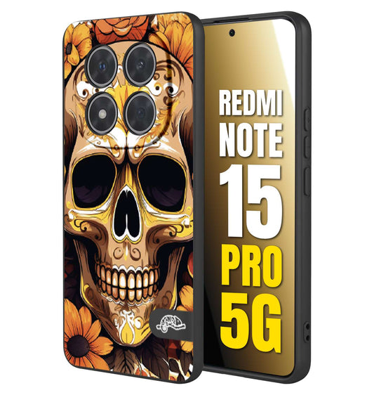CUSTOMIZZA - Custodia cover nera morbida in tpu compatibile per Xiaomi Redmi Note 15 PRO 5G teschio messicano colorato dorato fiori tattoo disegnato