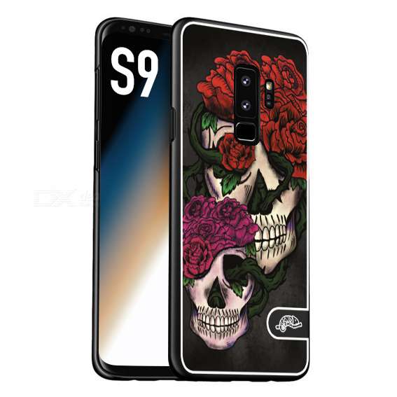 CUSTOMIZZA - Custodia cover nera morbida in tpu compatibile per Samsung S9 teschi e rose rosse fucsia skull and roses