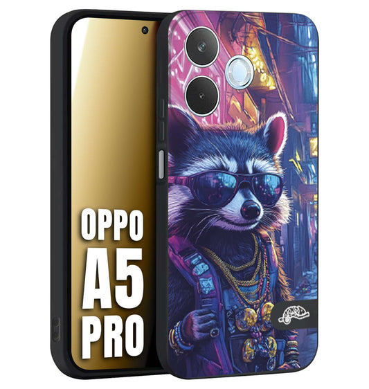 CUSTOMIZZA - Custodia cover nera morbida in tpu compatibile per Oppo A5 PRO animali simpatici cyberpunk procione racoon street cat fucsia blu giallo