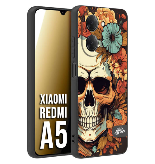 CUSTOMIZZA - Custodia cover nera morbida in tpu compatibile per Xiaomi Redmi A5 teschio skull flowers fiori autunnali arancio celeste tattoo