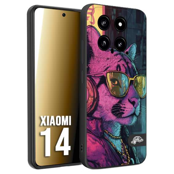 CUSTOMIZZA - Custodia cover nera morbida in tpu compatibile per Xiaomi 14 animali cyberpunk pantera street cat fucsia blu giallo