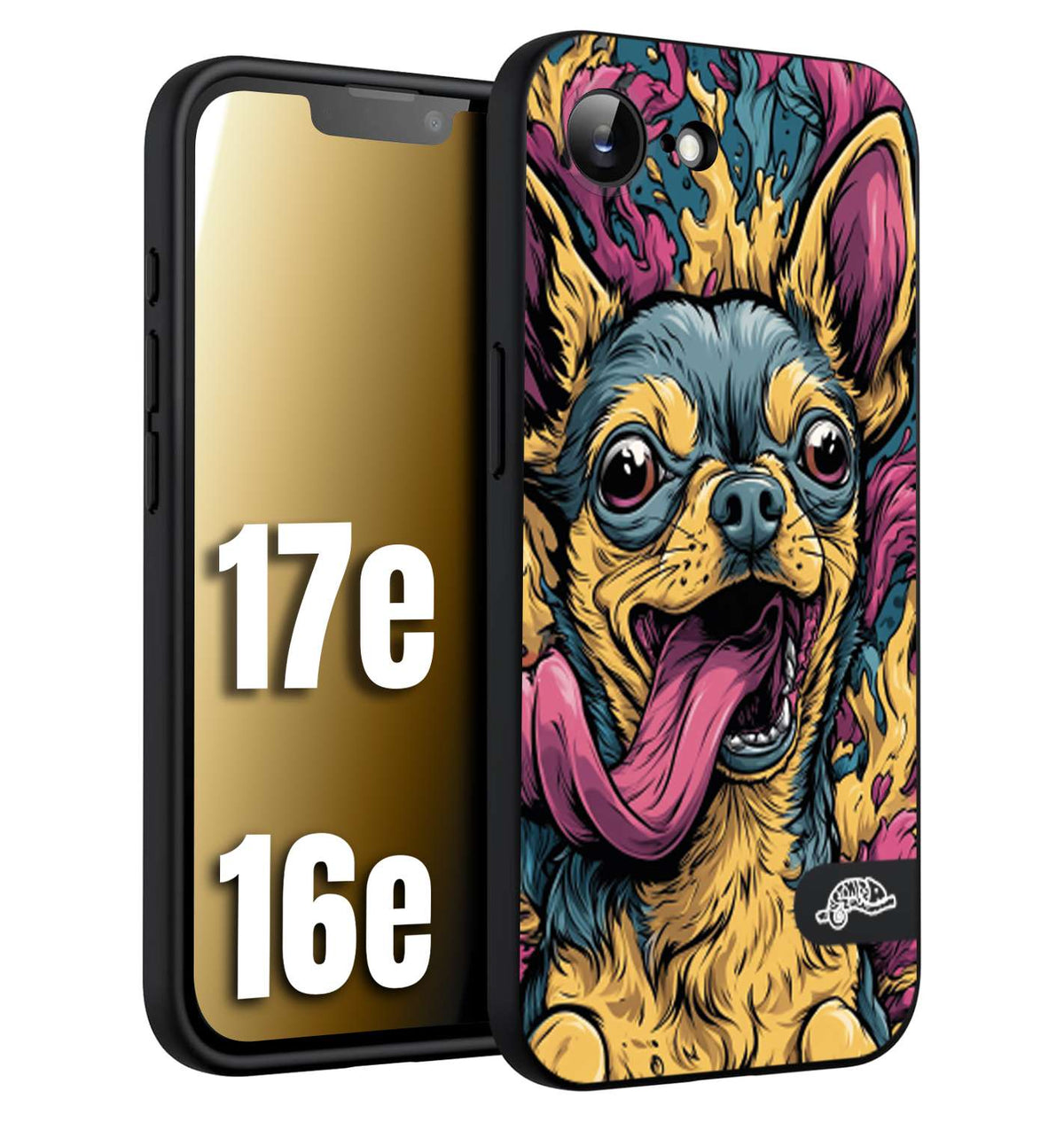 CUSTOMIZZA - Custodia cover nera morbida in tpu compatibile per iPhone 16E - 17E Chihuahua illustrazione cane pop art cane street art cartone animato
