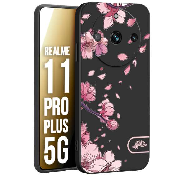 CUSTOMIZZA - Custodia cover nera morbida in tpu compatibile per Oppo Realme 11 PRO PLUS 5G giapponese fiori di ciliegio in fiore a rilievo disegnata tattoo