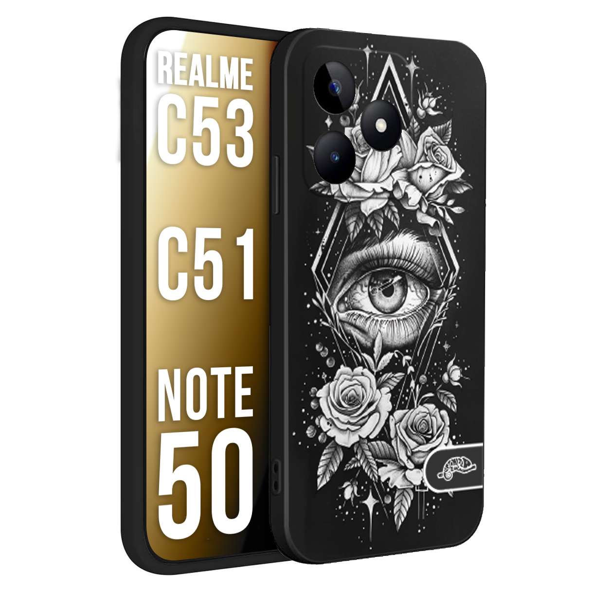 CUSTOMIZZA - Custodia cover nera morbida in tpu compatibile per Oppo Realme C53 - C51 - NOTE 50 occhio fiori rombo geometrico black and white bianco a rilievo disegnato tattoo tatuaggio