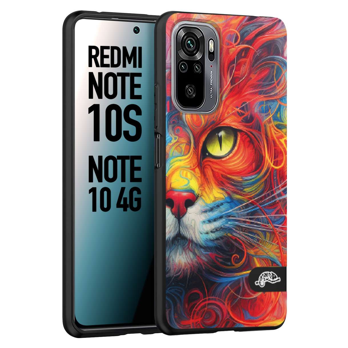 CUSTOMIZZA - Custodia cover nera morbida in tpu compatibile per Xiaomi Redmi Note 10S animali color cat gatto viso colori vibranti disegnato schizzo