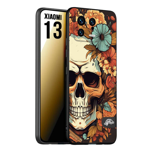 CUSTOMIZZA - Custodia cover nera morbida in tpu compatibile per Xiaomi 13 teschio skull flowers fiori autunnali arancio celeste tattoo