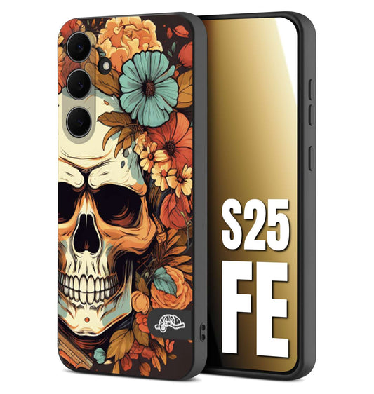 CUSTOMIZZA - Custodia cover nera morbida in tpu compatibile per Samsung S25 FE teschio skull flowers fiori autunnali arancio celeste tattoo