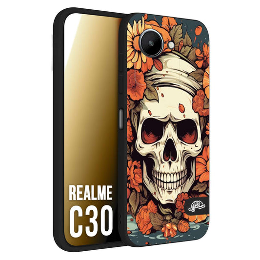 CUSTOMIZZA - Custodia cover nera morbida in tpu compatibile per Oppo Realme C30 teschio skull flowers fiori tattoo disegnato alta definizione