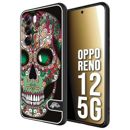 CUSTOMIZZA - Custodia cover nera morbida in tpu compatibile per Oppo Reno 12 5G teschio messicano Mexican skull verde fucsia