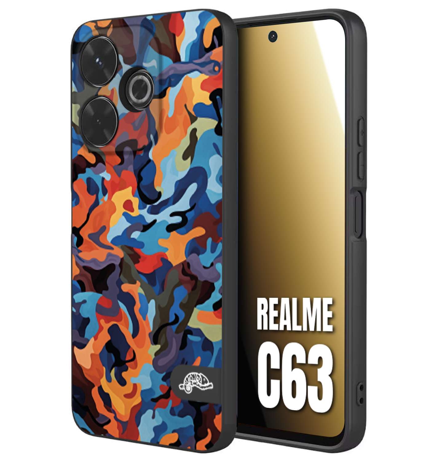 CUSTOMIZZA - Custodia cover nera morbida in tpu compatibile per Realme C63 camouflage mimetico militare moderno blu arancio rosso