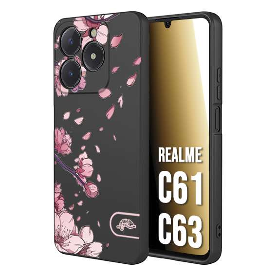CUSTOMIZZA - Custodia cover nera morbida in tpu compatibile per Realme C61 - C63 giapponese fiori di ciliegio in fiore a rilievo disegnata tattoo