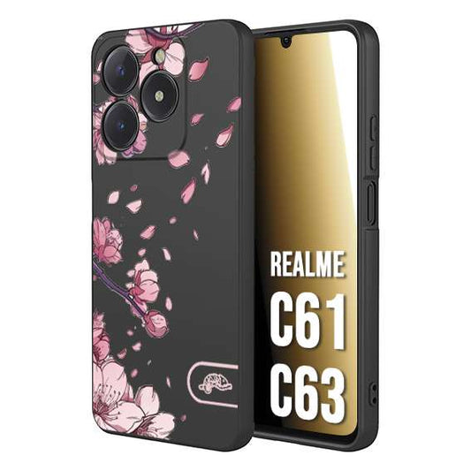 CUSTOMIZZA - Custodia cover nera morbida in tpu compatibile per Realme C61 - C63 giapponese fiori di ciliegio in fiore a rilievo disegnata tattoo