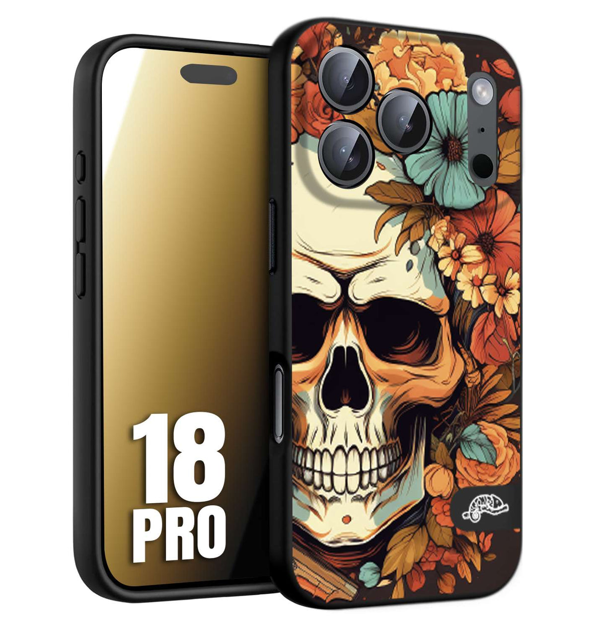 CUSTOMIZZA - Custodia cover nera morbida in tpu compatibile per iPhone 18 PRO teschio skull flowers fiori autunnali arancio celeste tattoo