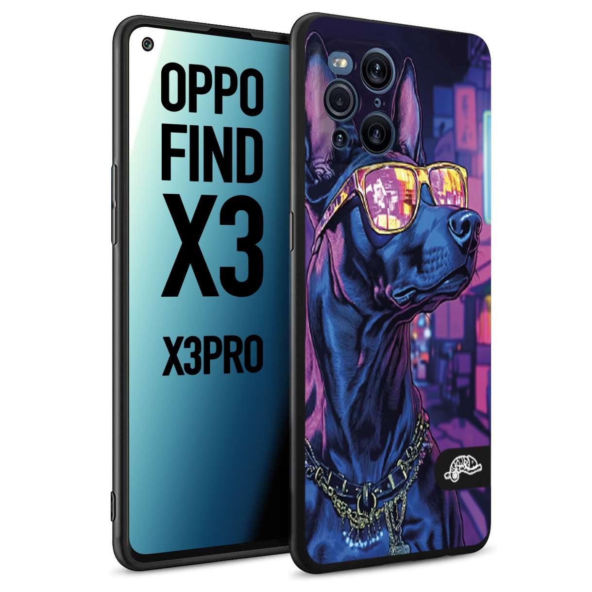 CUSTOMIZZA - Custodia cover nera morbida in tpu compatibile per Oppo Find X3 - Find X3 Pro 5G animali cyberpunk dobermann cane street dog fucsia blu night