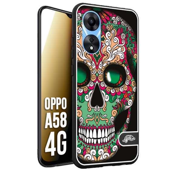 CUSTOMIZZA - Custodia cover nera morbida in tpu compatibile per Oppo A58 4G teschio messicano Mexican skull verde fucsia