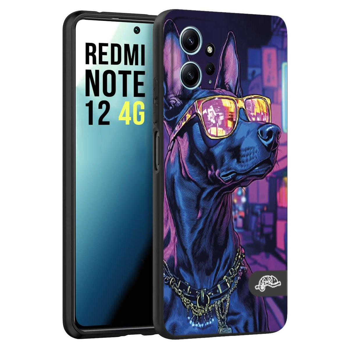 CUSTOMIZZA - Custodia cover nera morbida in tpu compatibile per Xiaomi Redmi Note 12 4G animali cyberpunk dobermann cane street dog fucsia blu night