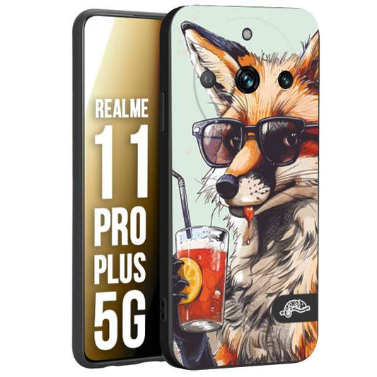 CUSTOMIZZA - Custodia cover nera morbida in tpu compatibile per Oppo Realme 11 PRO PLUS 5G estate disegnata cocktails animali simpatici fox volpe negroni