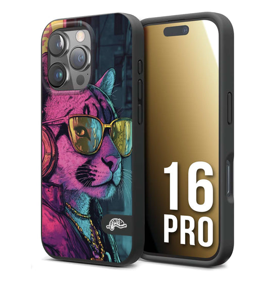 CUSTOMIZZA - Custodia cover nera morbida in tpu compatibile per iPhone 16 PRO animali cyberpunk pantera street cat fucsia blu giallo