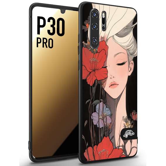 CUSTOMIZZA - Custodia cover nera morbida in tpu compatibile per Huawei P30 PRO woman flower Fantasia Floreale Design Donna e Fiori, Retro Artistico