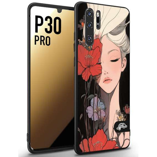 CUSTOMIZZA - Custodia cover nera morbida in tpu compatibile per Huawei P30 PRO woman flower Fantasia Floreale Design Donna e Fiori, Retro Artistico