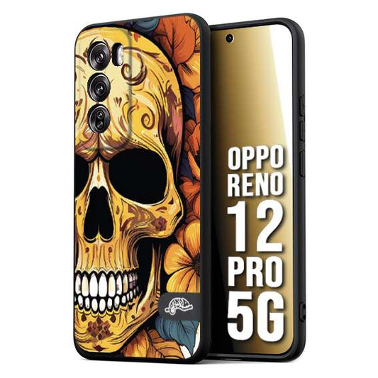 CUSTOMIZZA - Custodia cover nera morbida in tpu compatibile per Oppo Reno 12 PRO 5G teschio messicano colorato dorato fiori autunnali disegnato