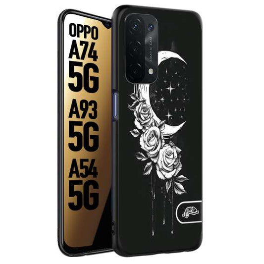 CUSTOMIZZA - Custodia cover nera morbida in tpu compatibile per Oppo A74 5G - A93 5G - A54 5G luna e fiori moon flowers black and white bianco a rilievo disegnato tattoo tatuaggio