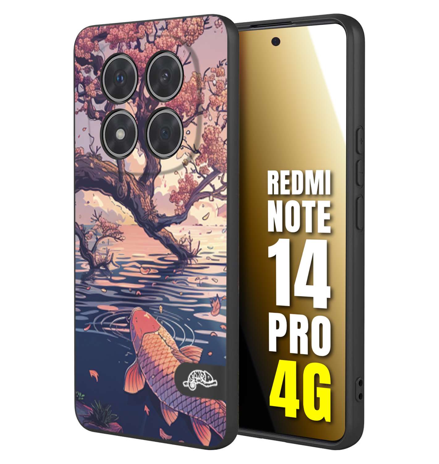 CUSTOMIZZA - Custodia cover nera morbida in tpu compatibile per Xiaomi Redmi Note 14 PRO 4G giapponese lago carpa koi rosa con foglie d'acero disegnata tattoo